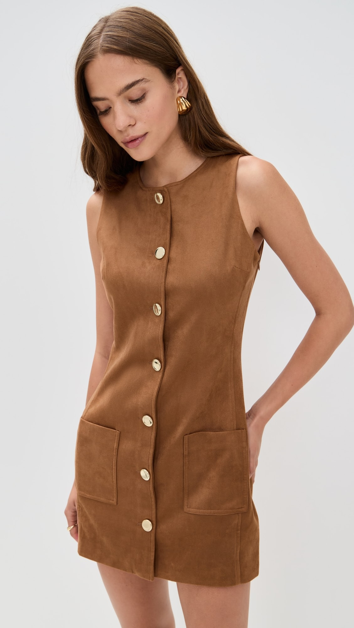 Faux Suede Round Neck Buttoned Mini Dress | Shopbop