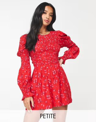 Miss Selfridge Petite shirred tea romper in red ditsy floral | ASOS (Global)