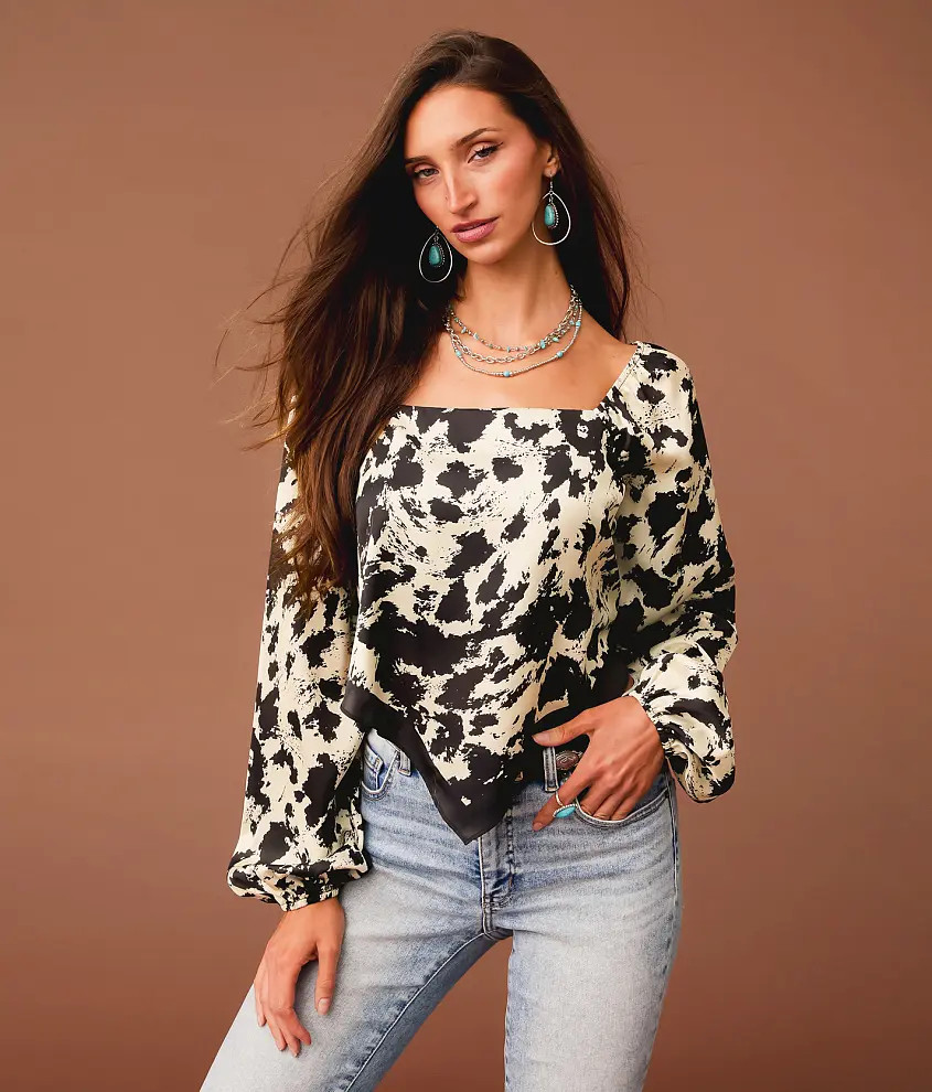 Satin Cow Print Hanky Top | Buckle