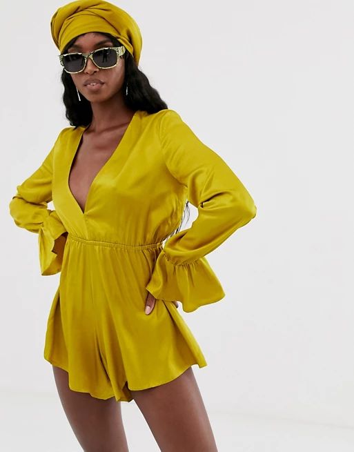 TTYA plunge front romper with fluted sleeve detail in rich yellow | ASOS US
