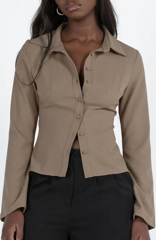 Princess Polly Anni Pinstripe Long Sleeve Button-Up Shirt in Beige at Nordstrom, Size 12 | Nordstrom
