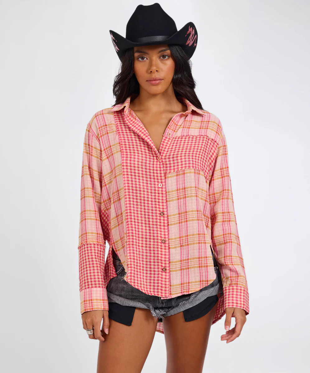 Flannel Checked Cotton Muslin Shirt - Pink | One Teaspoon | OneTeaspoon
