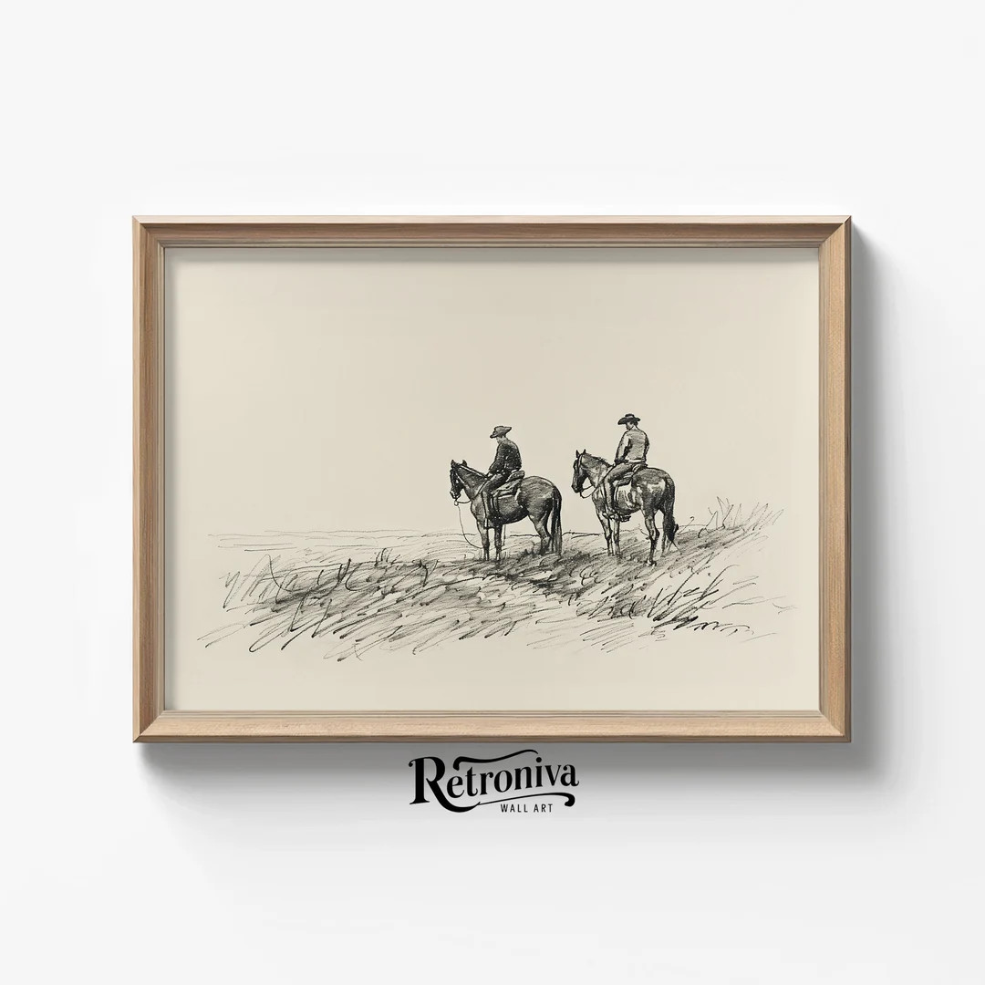 Cowboys on Horses Sketch Print Western Wall Art Vintage Horse Sketch Farmhouse Wall Decor Country... | Etsy (US)