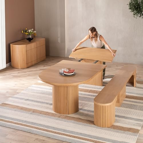Transformer Table - Solid Wood Extendable Round Dining Table Set with Bench and Sideboard Storage, Seats 4-10, Expandable Round Dining Set, Natural (Table + Bench + Sideboard) | Amazon (US)