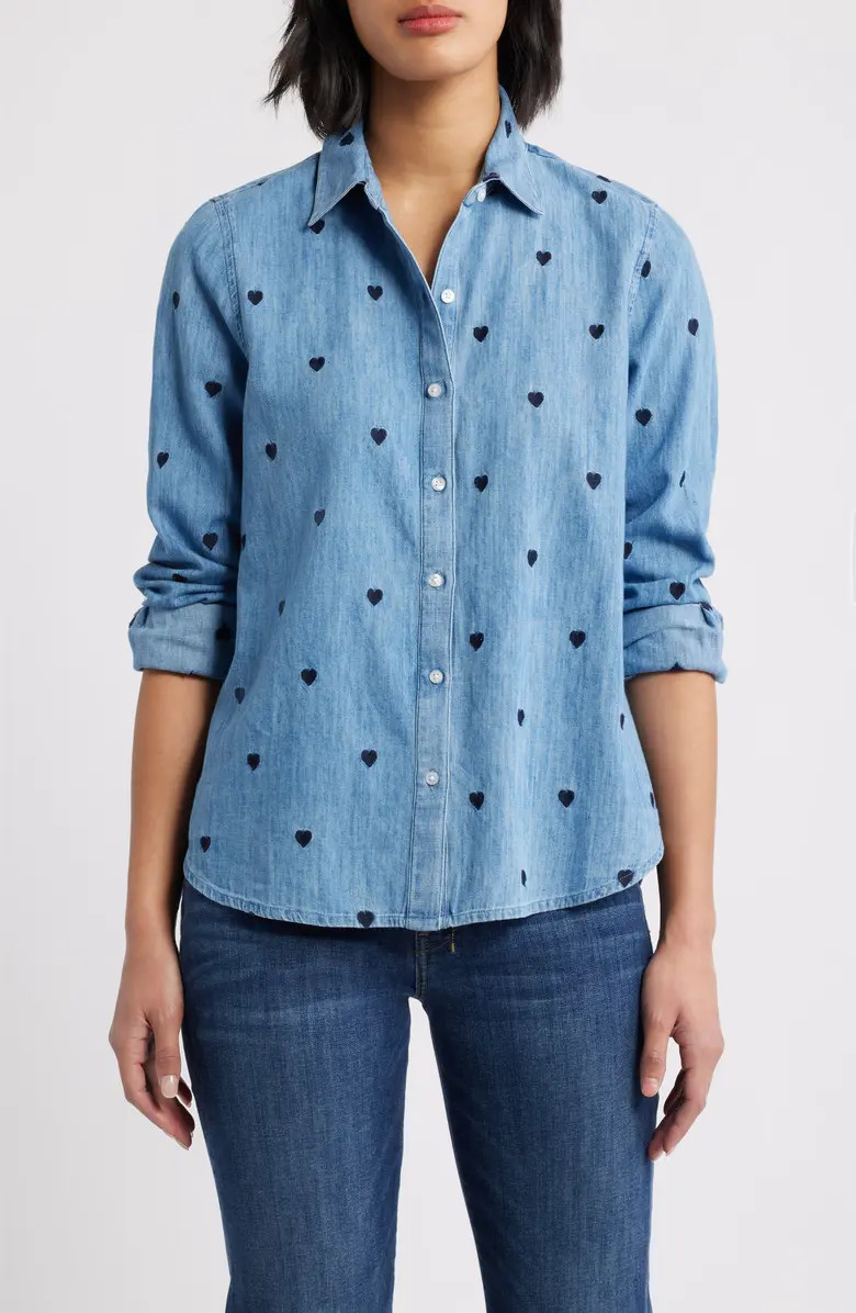 Heart Embroidered Cotton Chambray Button-Up Shirt | Nordstrom