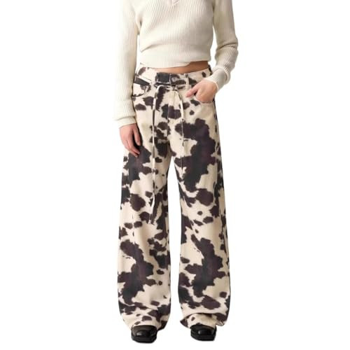 heyheyshine Cow Print Pants for Men Women Wide Leg Jeans Y2K Straps with Drawstring Streetwear Baggy Trouser with Pockets (Cow Color,X-Large) | Amazon (US)