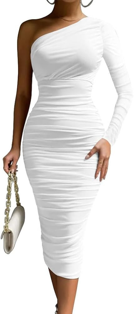 LAGSHIAN Women's Elegant Bodycon One Shoulder Long Sleeve Ruched Midi Cocktail Party Dress | Amazon (US)