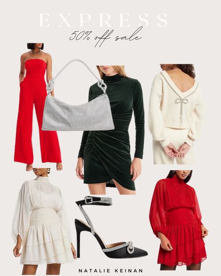 Express 50% off sale!! Holiday style on sale. Black Friday sale! Sale alert. Red romper. Green velvet dress. Red dress. Holiday sweater. Silver sparkly dress. Black bow heels. 


#LTKHoliday #LTKsalealert #LTKCyberweek