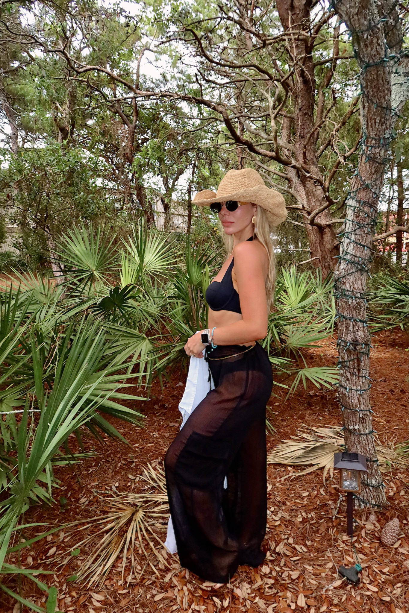 Classic black halter Staud bikini, super flattering and classic! Sheer chiffon target cover up pants and the best beach summer packable and reshapeable straw hat! Size S bikini and XS pants. Earrings Zara but found the exact same ones on SHEIN linked!