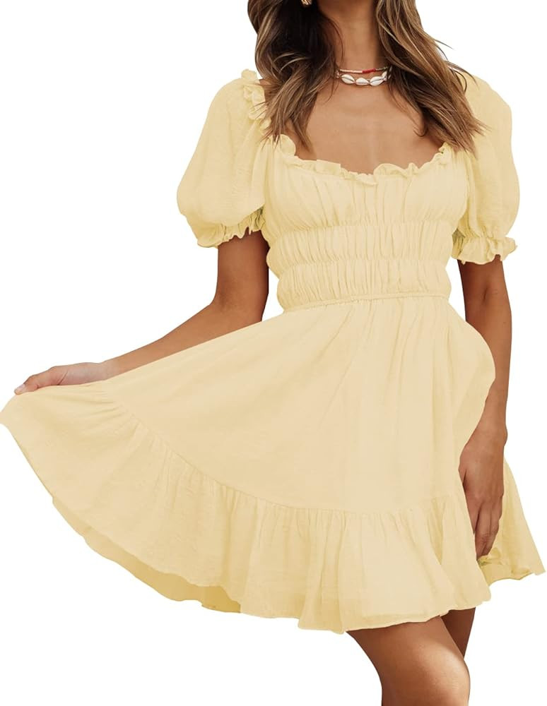 Merzhiiry Smocked Puff Sleeve Square Neck Dress for Women Ruffle Flowy Swing Tiered A Line Short ... | Amazon (US)