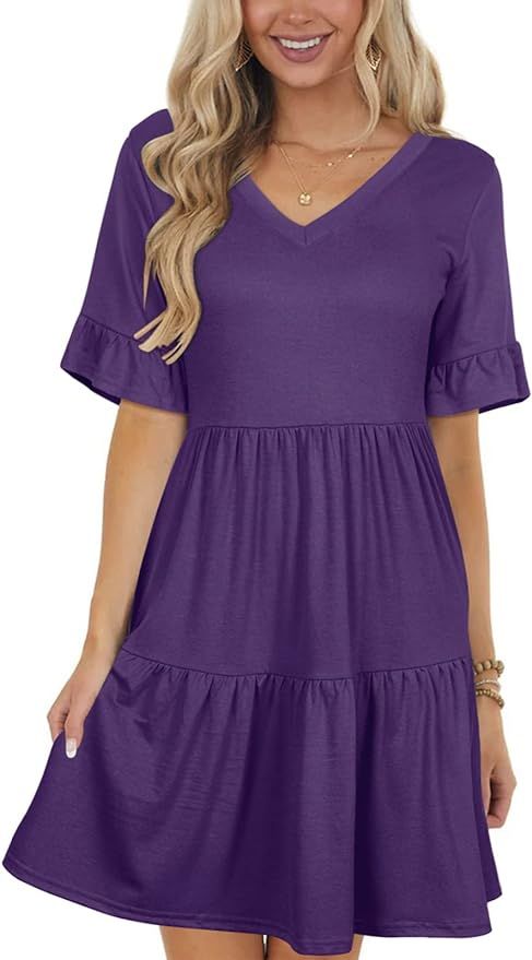 Berryou Dress for Women Short Sleeve Ruffle T-Shirt V Neck Casual Flowy Dresses with Pockets 2022 | Amazon (US)