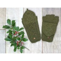 Knit Alpaca Wool Convertible Mitten Olive Green Cable Flip Cover Fingerless Texting Gloves Fleece Li | Etsy (US)