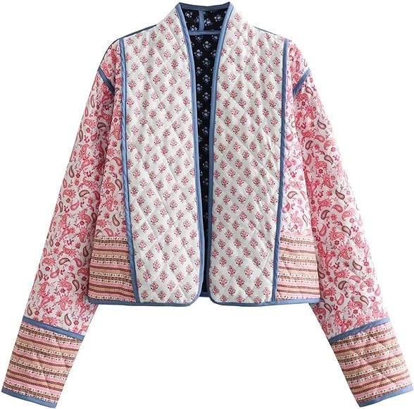 Wyeysyt Women's Cropped Puffer Quilted Jacket Cardigan Floral Printed Lightweight Long Sleeve Ope... | Amazon (US)