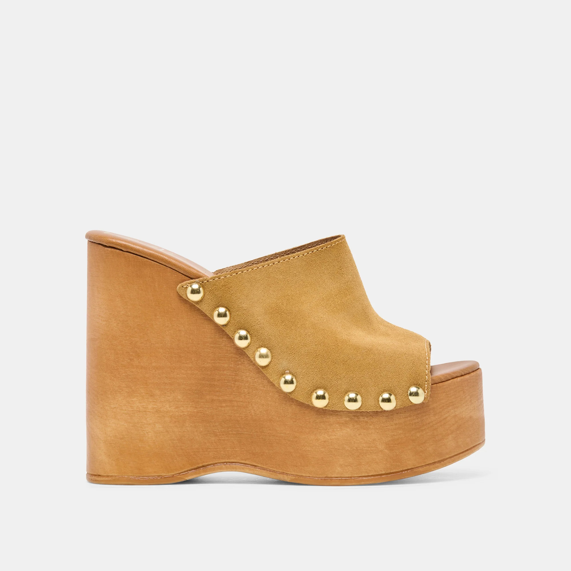 BIRK Tan Suede Platform Wood Sole Wedges | Dolce Vita | DolceVita.com