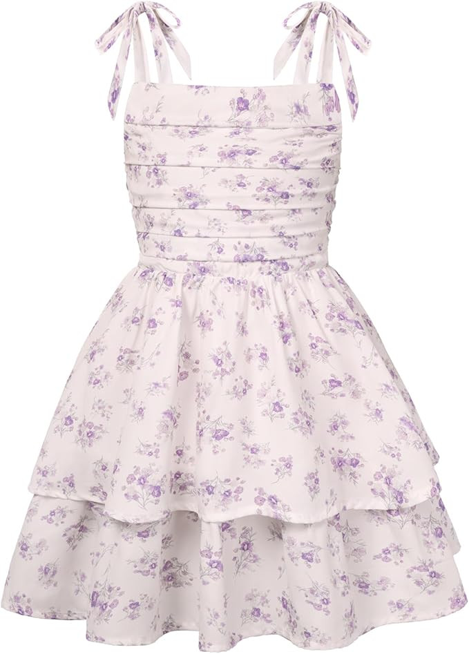 GRACE KARIN Girls Floral Smocked Dress Summer Layered Tie Shoulder Bowknot Flowy Dresses for 7-14... | Amazon (US)