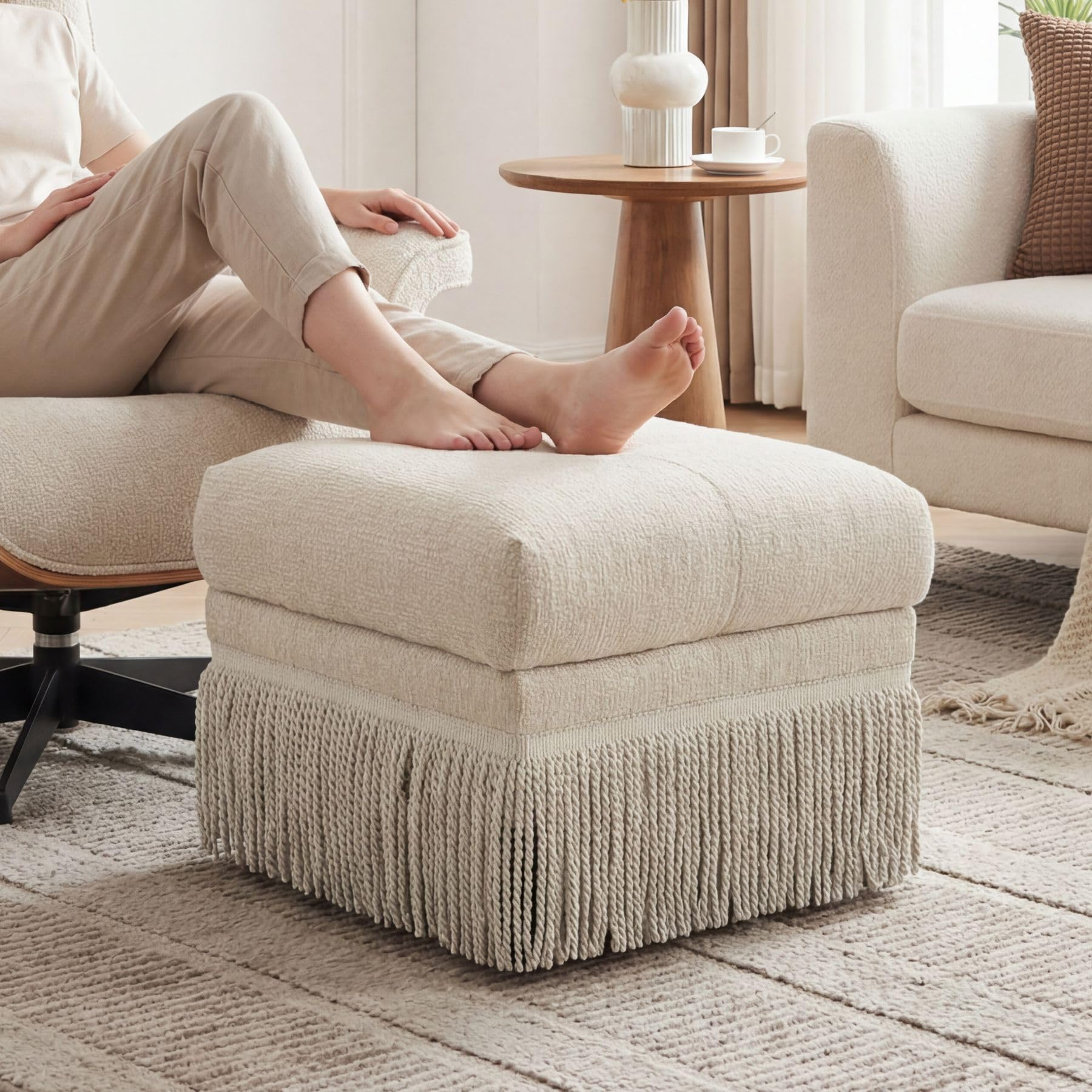 22 Inch Square Beige Ottoman with Tassels for Living Room, Plush Modern Boho Upholstered Accent P... | Amazon (US)