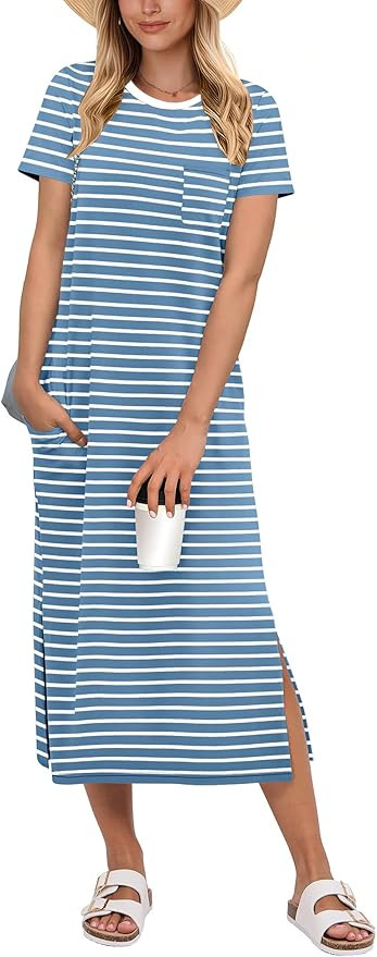 ANRABESS Womens Midi Dress,Summer Long Tshirts Dresses,Short Sleeve Split Stripe,Comfy Travel Bea... | Amazon (US)
