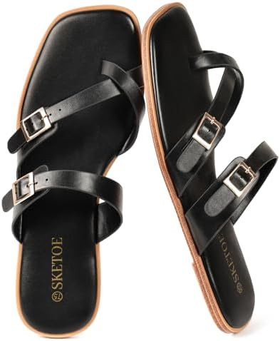 Flat Sandals for Women Square Open Toe Strappy Sandals Adjustable Dressy Cross Toe Loop Summer Sl... | Amazon (US)