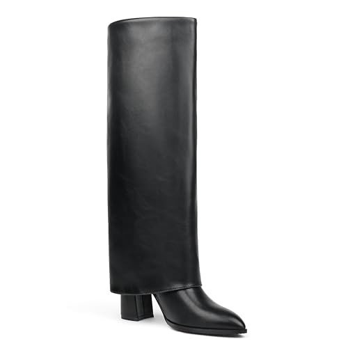 Zzheels Women's Fold Over Knee High Boots Chunky High Heels Pointy Toe Long Boots Wide Calf Zip-on Boots Black US10.5 | Amazon (US)