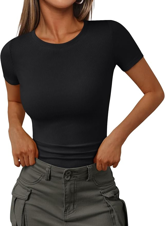Trendy Queen Women's Crewneck Ribbed Knit Fitted T-Shirt | Amazon (US)