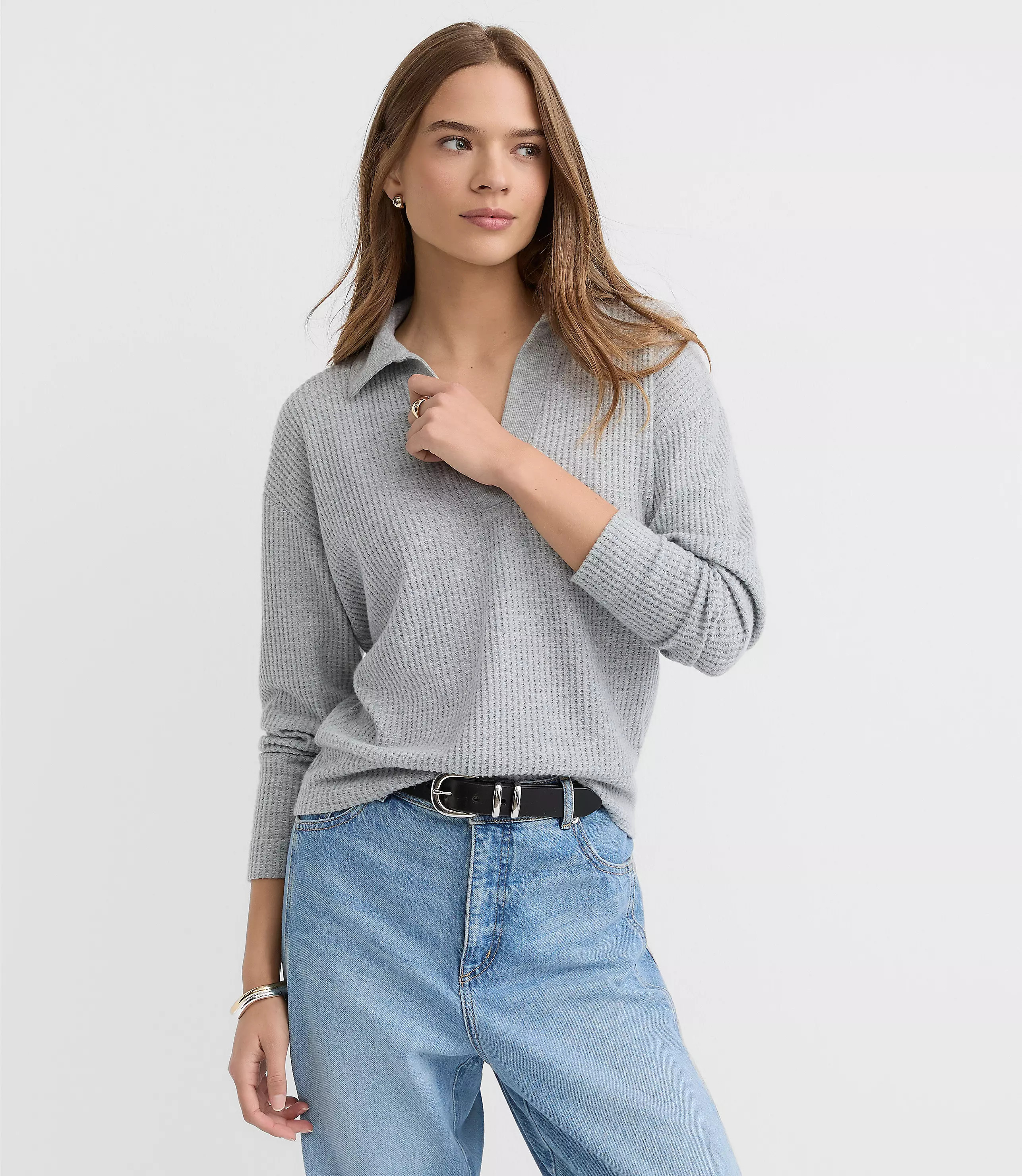 Melange Waffle Collared V-Neck Top | LOFT