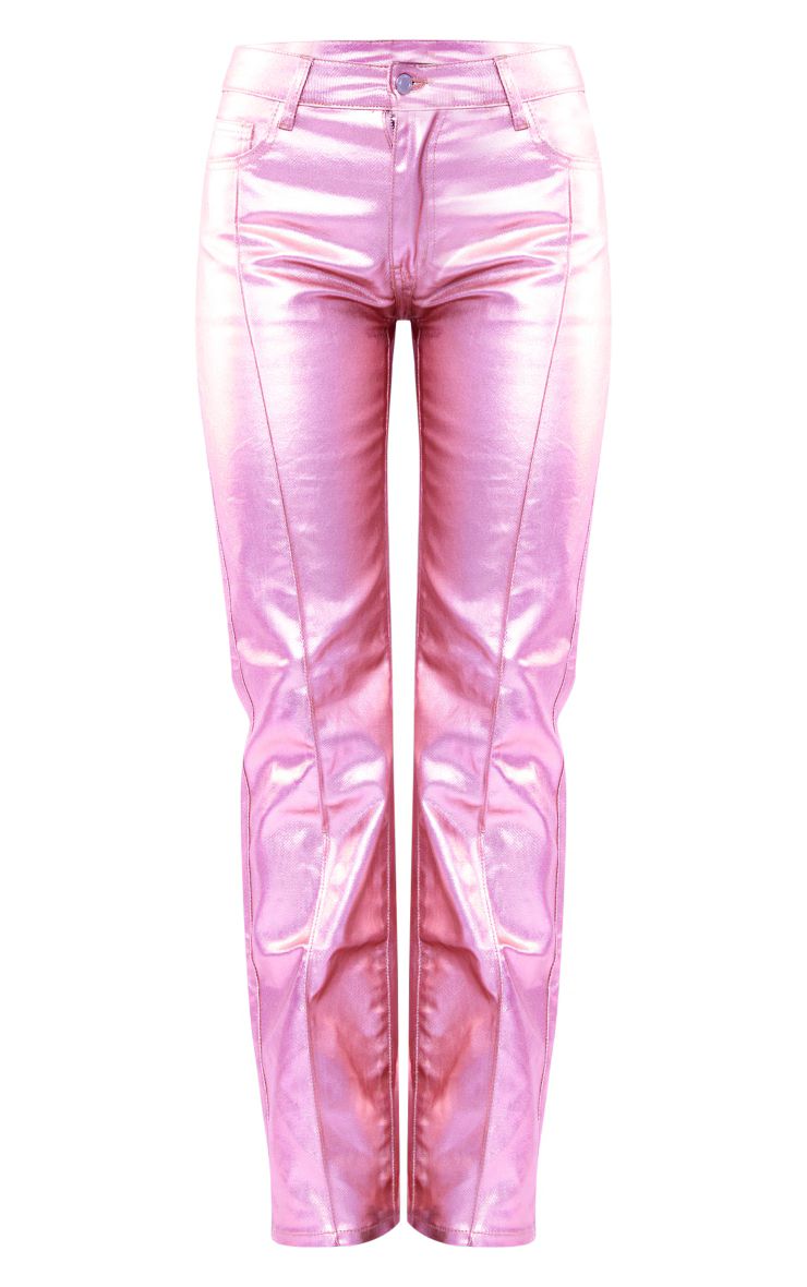 Pink Metallic Coated Denim Straight Leg Jeans | PrettyLittleThing US