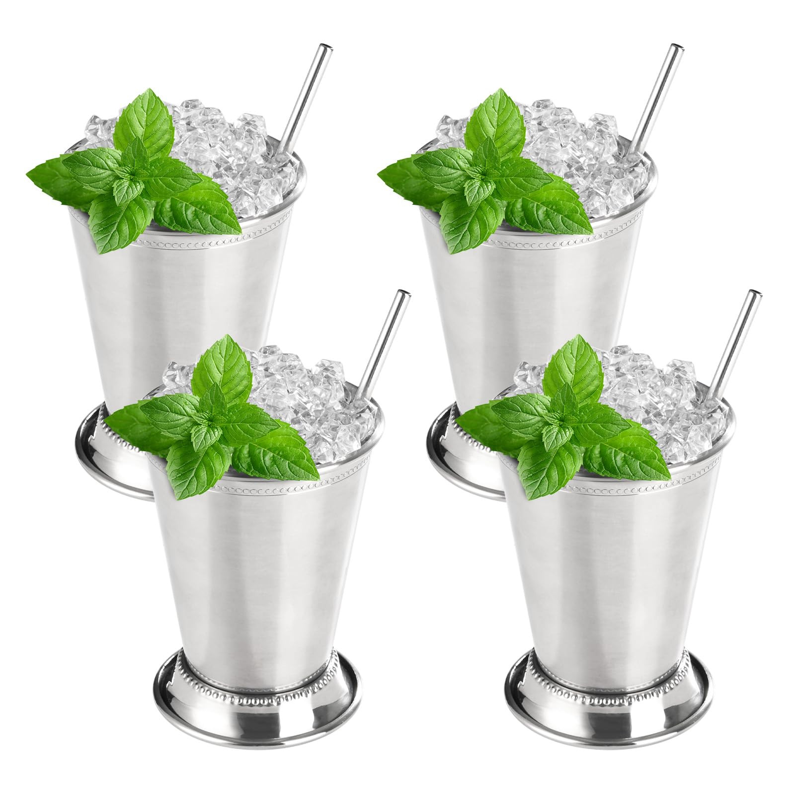 12oz Mint Julep Cups with Straws Set of 4, Stainless Steel Beaded Mint Julep Cups, Mint Julep Gla... | Amazon (US)