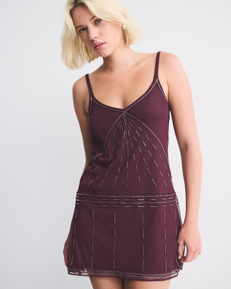 V-Neck Beaded Mini Dress | Abercrombie & Fitch (US)