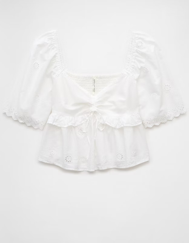 AE Flutter Sleeve Eyelet Babydoll Blouse | American Eagle Outfitters (US & CA)
