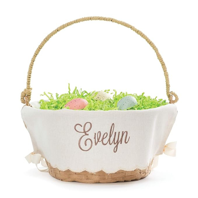 Personalized Easter Egg Basket with Handle and Custom Name in Brown Script | Scallop Edge Linen E... | Amazon (US)