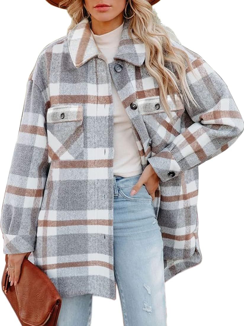 Women's Casual Flannel Plaid Shacket Button Down Long Sleeve Shirt Jacket Coats with Pockets | Amazon (US)