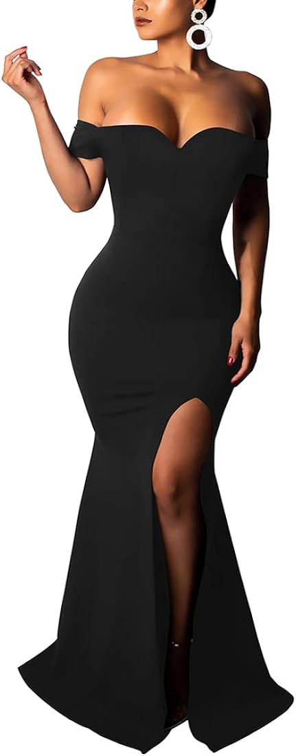 YMDUCH Women's Sexy Off Shoulder V Neck High Split Maxi Elegant Party Evening Dress | Amazon (US)