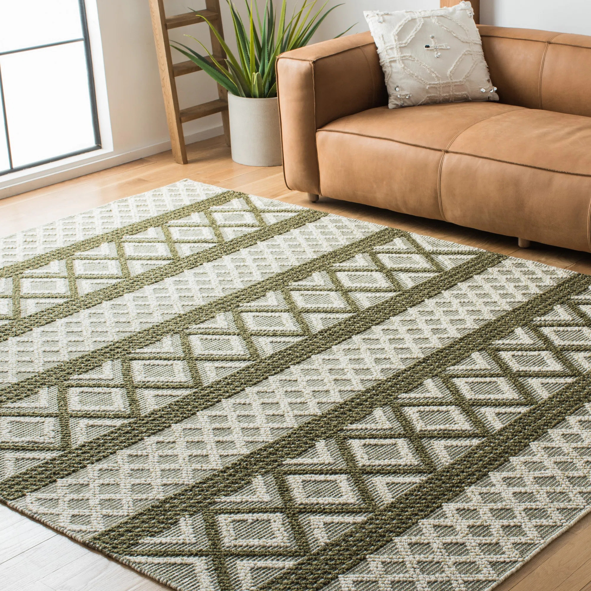 Vermont Hand Woven Wool/Cotton Geometric Rug in Gray/Dark Green | Wayfair North America
