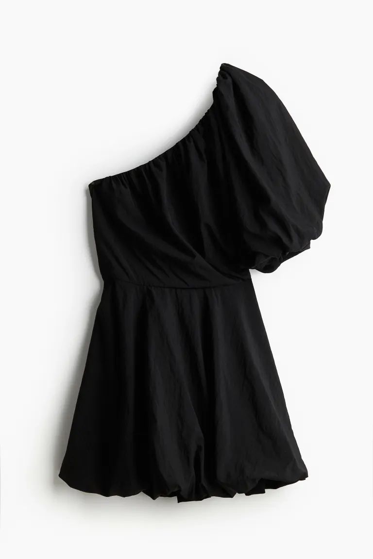 One-shoulder Bubble-hem Dress - Short sleeve - Short - Black - Ladies | H&M US | H&M (US + CA)