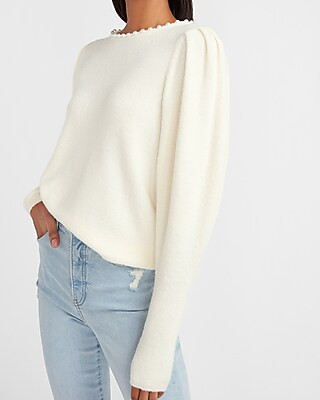 Pearl Trim Crew Neck Sweater | Express