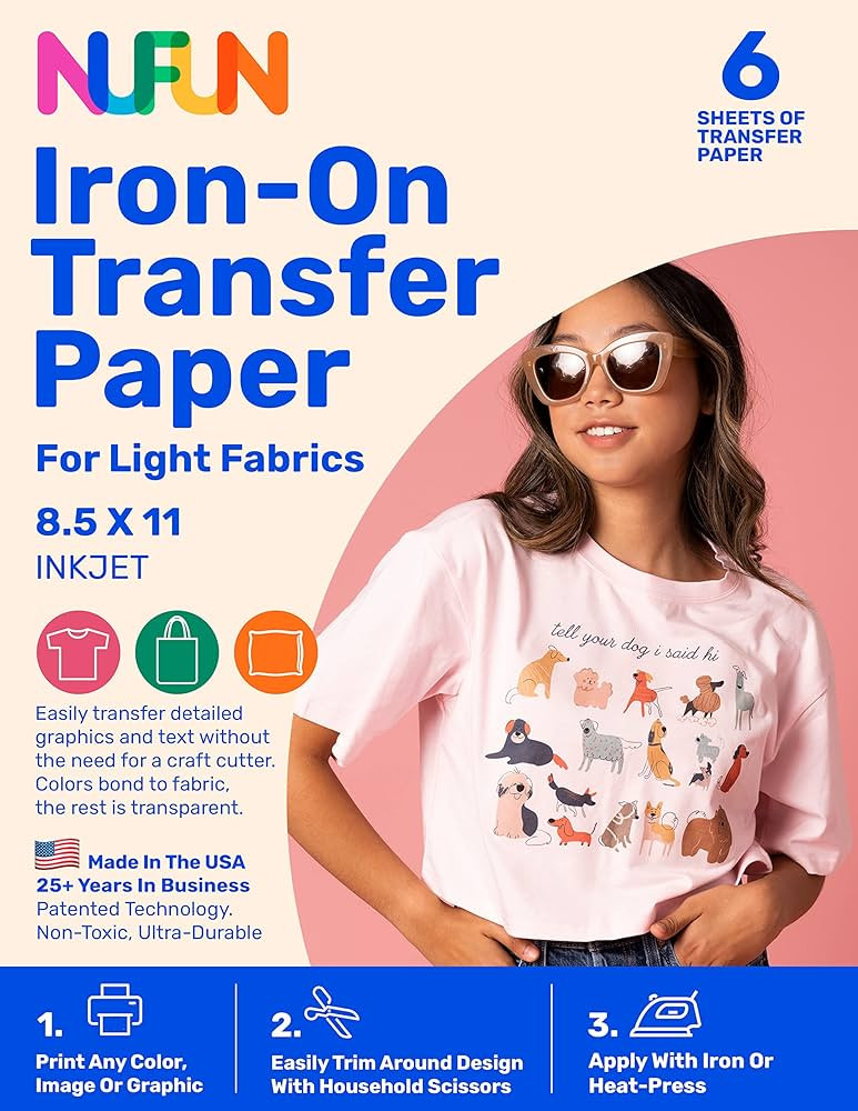 NuFun Activities Printable Iron-on Heat Transfer Paper for T Shirts, Light Fabrics, 6 Sheets 8.5 ... | Amazon (US)