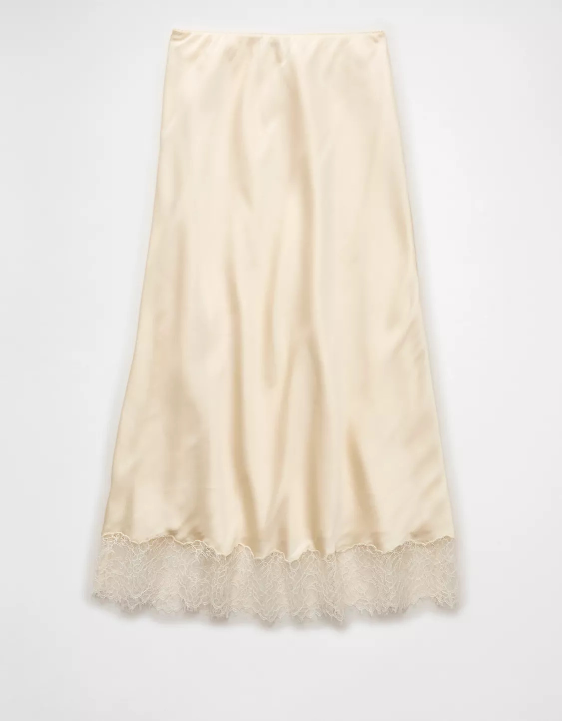AE Satin Lace Hem Slip Midi Skirt | American Eagle Outfitters (US & CA)