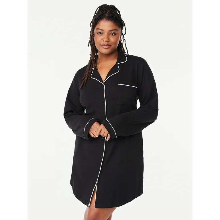 Joyspun Women’s Cotton Blend Long Sleeve Notch Collar Sleepshirt, Sizes S to 4X | Walmart (US)