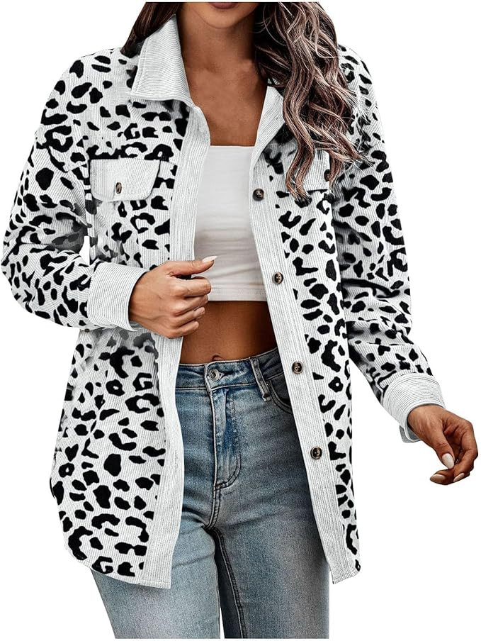 Shackets for Women Leopard Print Corduroy Shacket Jacket Button Down Long Sleeve Shirt Lightweigh... | Amazon (US)