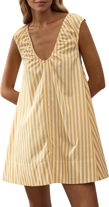 Livtany Women's Scoop Neck Babydoll Cute Mini Dress Flowy Sleeveless Short Dress Ruched Loose Fit... | Amazon (US)