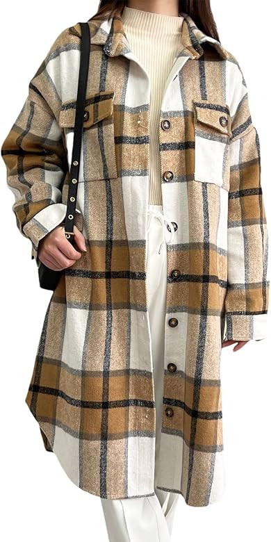 Peaceglad Women's Lounge Lapel Button Up Long Sleeve Plaid Long Shirt Jacket Shacket | Amazon (US)