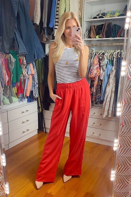 Red linen pants run true to size - wearing xs regular (short wasn’t available) tank runs slightly small - I would recommend sizing up 1 if between. Memorial Day outfit Inspo. 

#LTKparties #LTKfindsunder50 #LTKfindsunder100