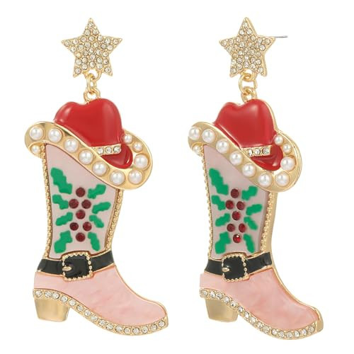 Madison Tyler Christmas Cowgirl Dangle Earrings for Women | Statement Star Post with Pink Cowboy Boot | Western Cowgirl Jewelry | Xmas Holiday Earrings Gifts | Amazon (US)