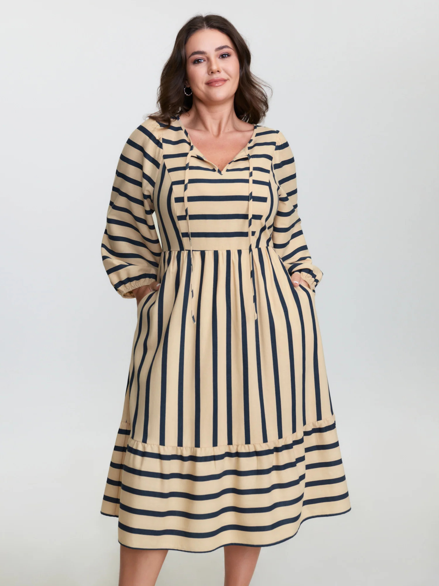 Cotton Linen Asymmetrical Striped Neckline Tie Midi Dress | Bloomchic