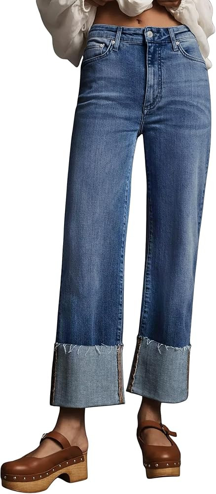 Lesore Womens High Waist Wash Denim Wide Leg Straight Leg Jeans Pants with Cuffed Hem | Amazon (US)
