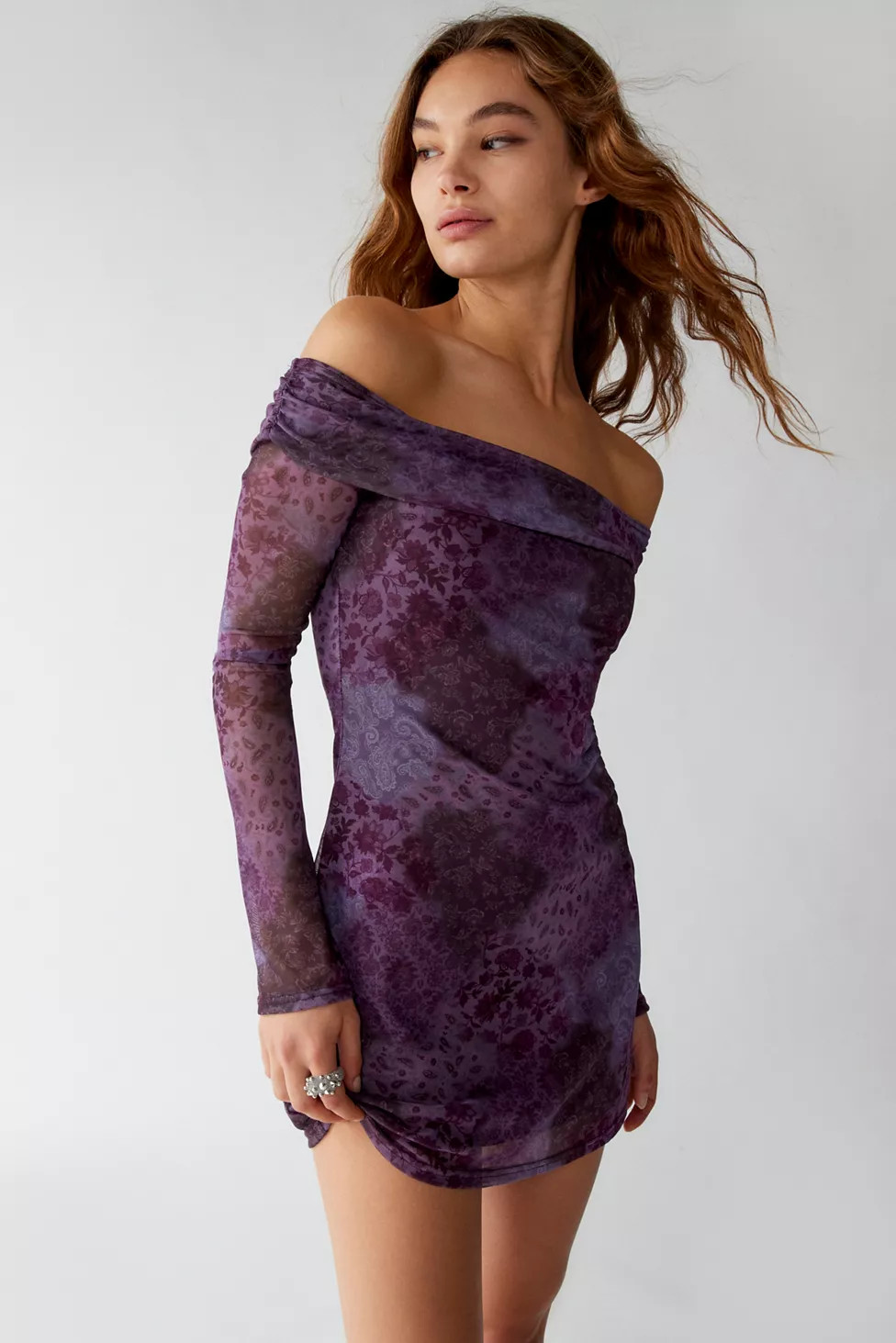 UO Isla Long Sleeve Off-The-Shoulder Mini Dress | Urban Outfitters (US and RoW)