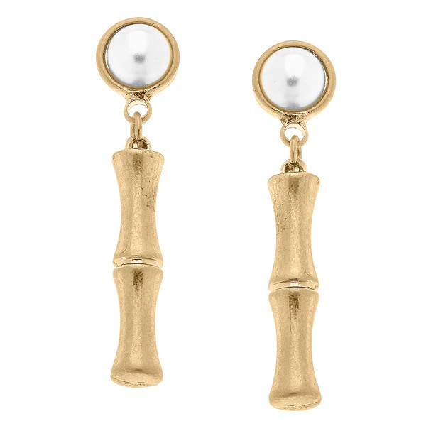Everleigh Bamboo Pearl Stud Drop Earrings in Worn Gold | CANVAS