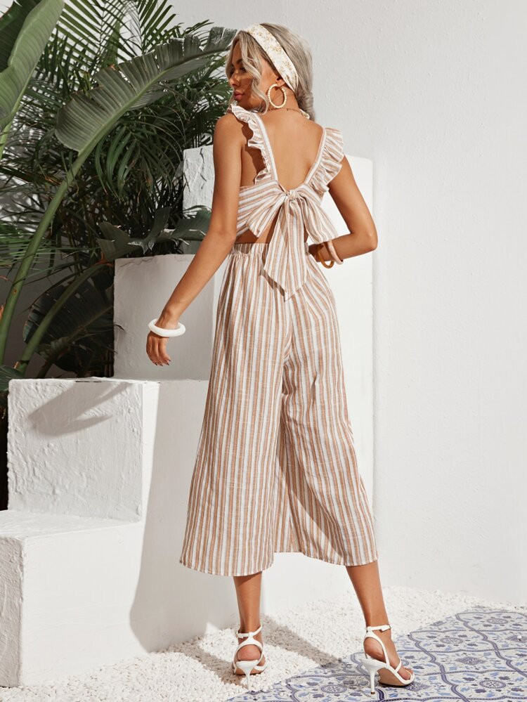 SHEIN Frenchy Ruffle Armhole Tie Back Striped Jumpsuit | SHEIN