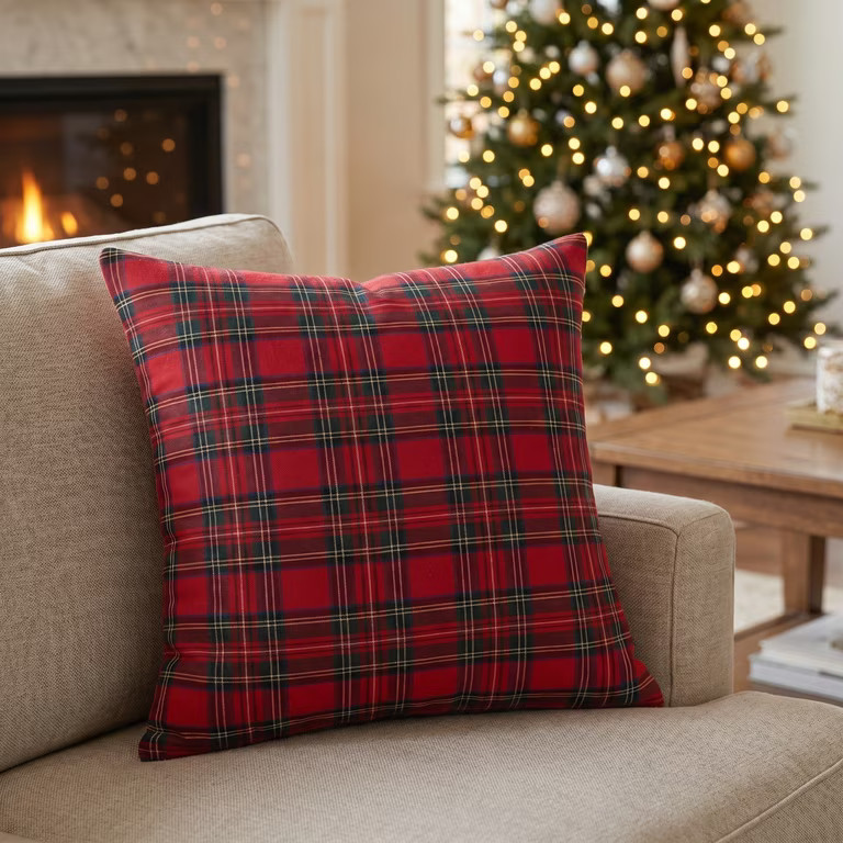 Christmas Tartan Plaid Throw Pillow 18x18in, Soft Cotton Decorative Cushion with Insert, Hidden Z... | Walmart (US)