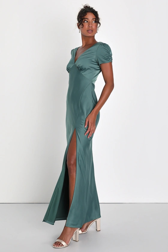 Sage Green Satin Puff Sleeve Maxi Dress | Sage Green Dress | Light Green Dress | Lulus (US)